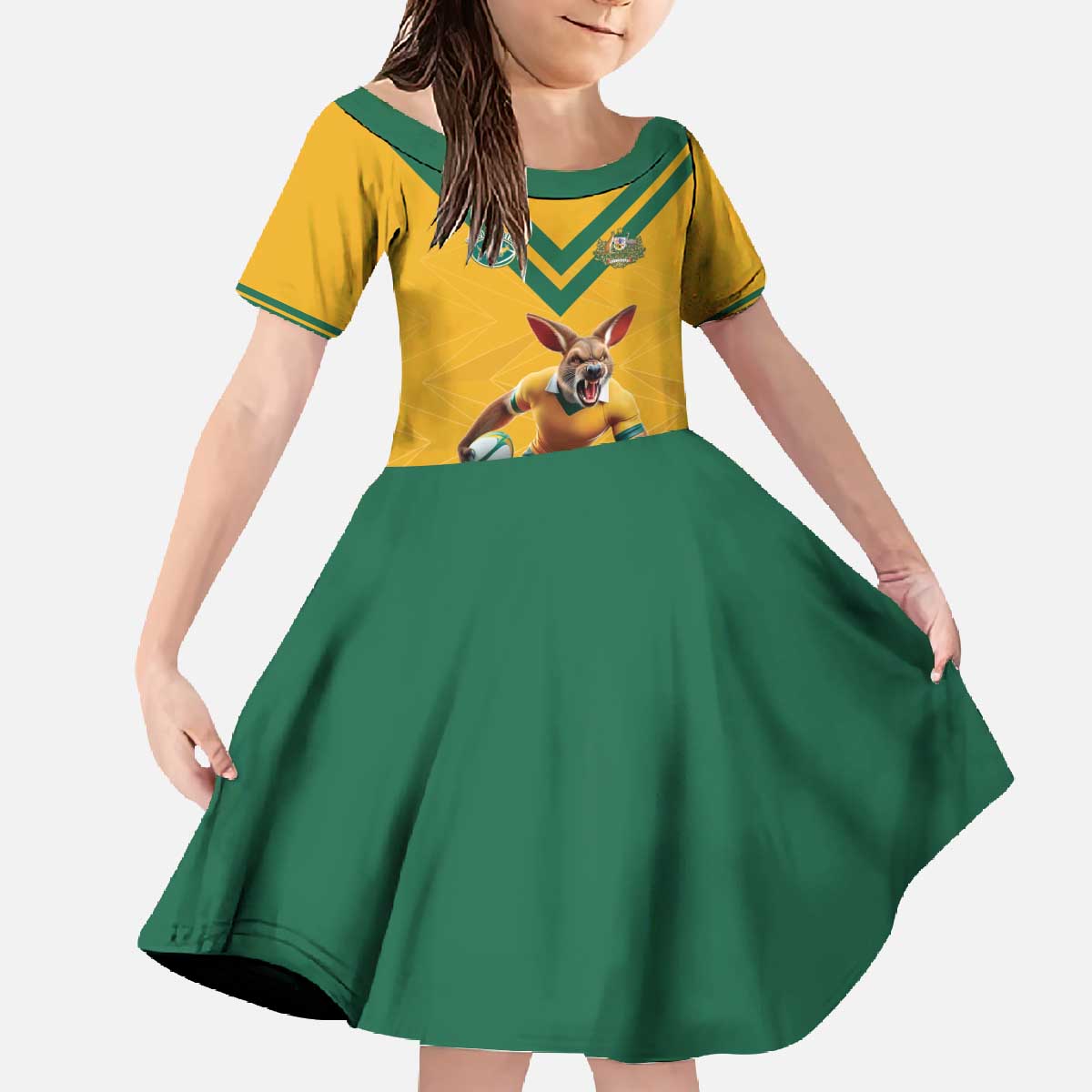 Custom Australia Rugby Family Matching Off The Shoulder Long Sleeve Dress and Hawaiian Shirt Wallabies Mascot Sporty Style - Wonder Print Shop