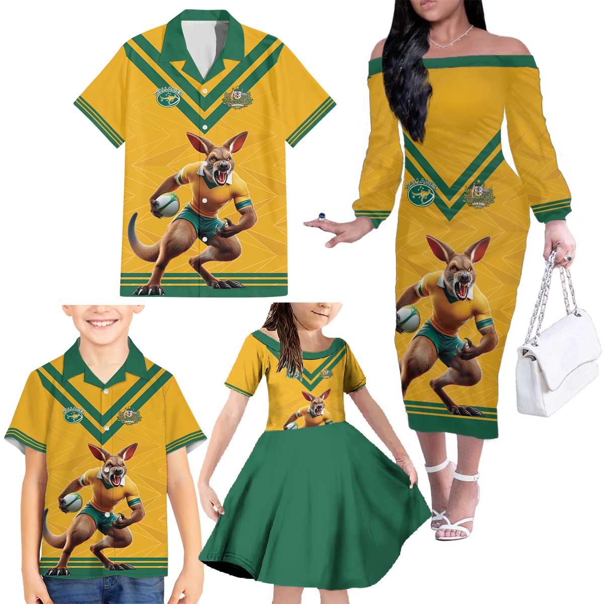 Custom Australia Rugby Family Matching Off The Shoulder Long Sleeve Dress and Hawaiian Shirt Wallabies Mascot Sporty Style - Wonder Print Shop