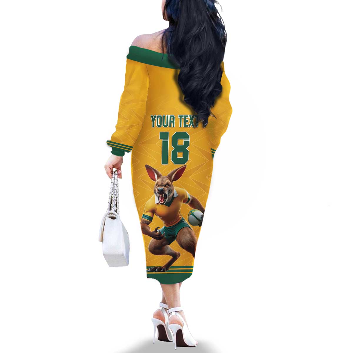 Custom Australia Rugby Family Matching Off The Shoulder Long Sleeve Dress and Hawaiian Shirt Wallabies Mascot Sporty Style - Wonder Print Shop