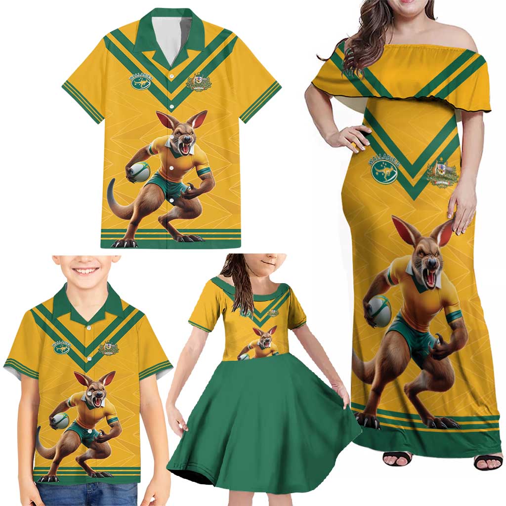 Custom Australia Rugby Family Matching Off Shoulder Maxi Dress and Hawaiian Shirt Wallabies Mascot Sporty Style - Wonder Print Shop