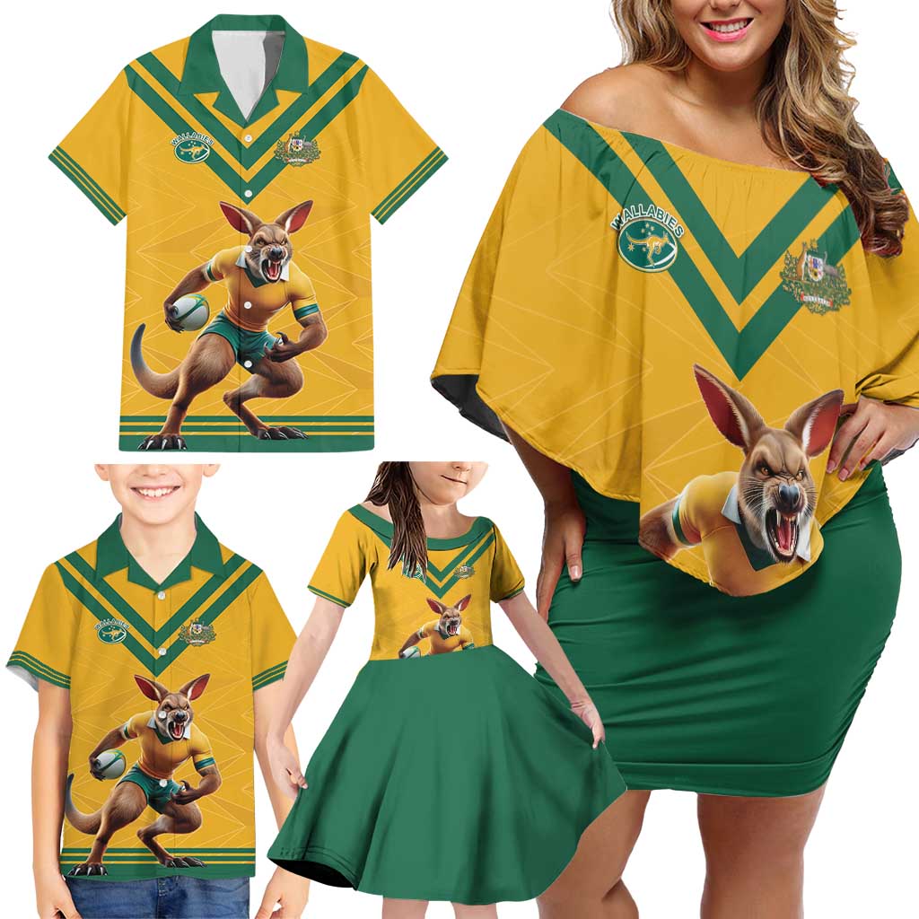 Custom Australia Rugby Family Matching Off Shoulder Short Dress and Hawaiian Shirt Wallabies Mascot Sporty Style - Wonder Print Shop