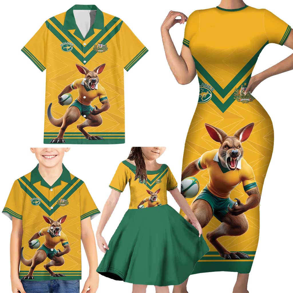 Custom Australia Rugby Family Matching Short Sleeve Bodycon Dress and Hawaiian Shirt Wallabies Mascot Sporty Style - Wonder Print Shop