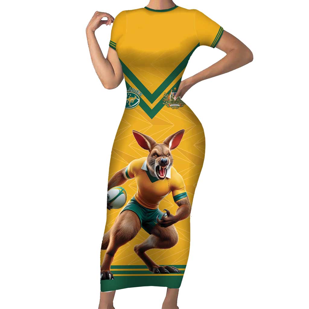 Custom Australia Rugby Family Matching Short Sleeve Bodycon Dress and Hawaiian Shirt Wallabies Mascot Sporty Style - Wonder Print Shop