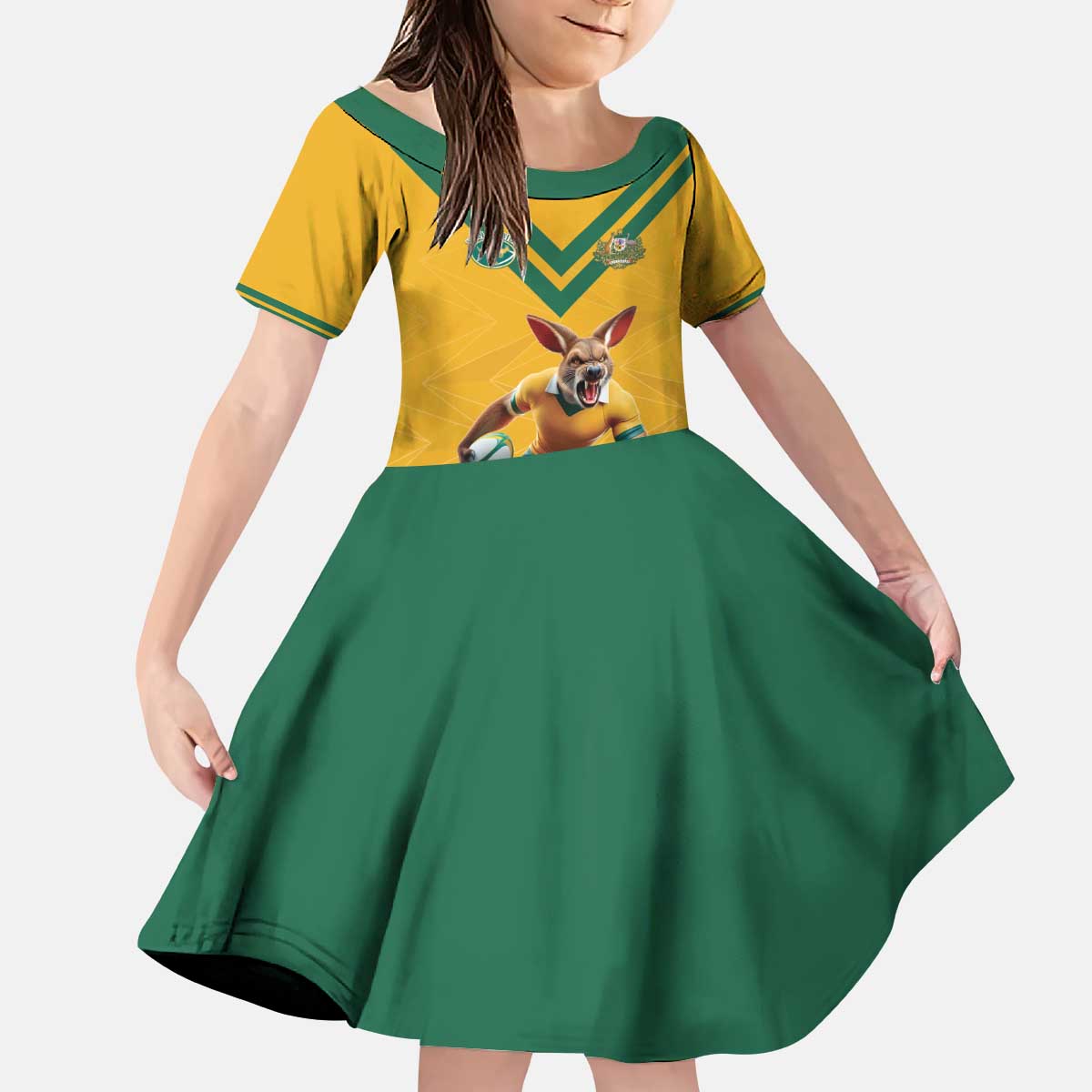 Custom Australia Rugby Kid Short Sleeve Dress Wallabies Mascot Sporty Style - Wonder Print Shop