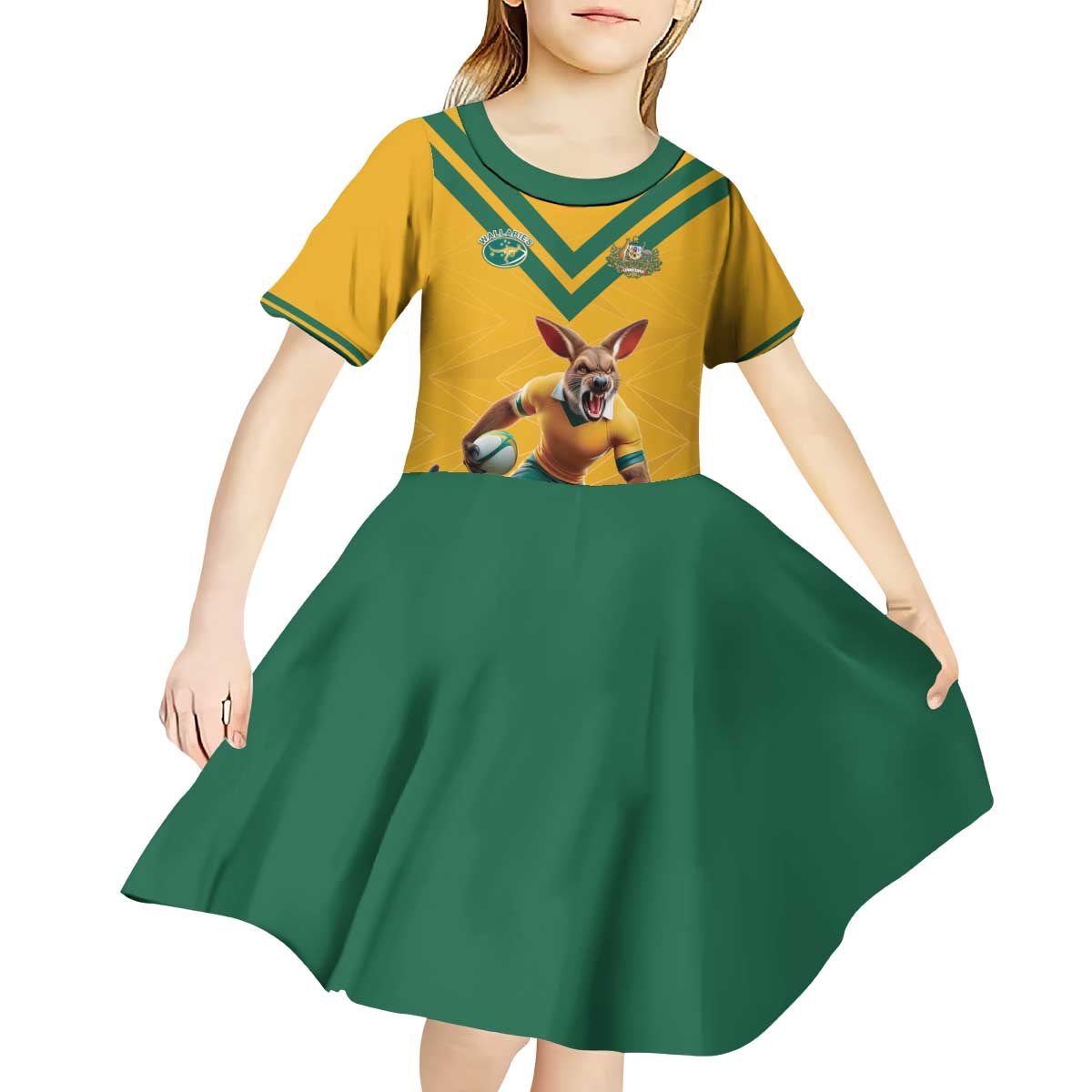 Custom Australia Rugby Kid Short Sleeve Dress Wallabies Mascot Sporty Style - Wonder Print Shop