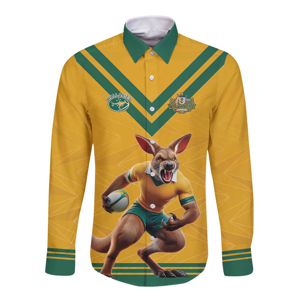 Custom Australia Rugby Long Sleeve Button Shirt Wallabies Mascot Sporty Style - Wonder Print Shop