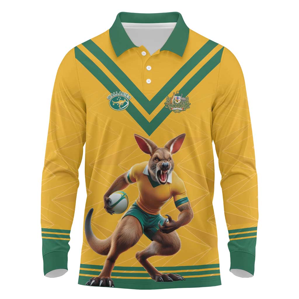 Custom Australia Rugby Long Sleeve Polo Shirt Wallabies Mascot Sporty Style - Wonder Print Shop