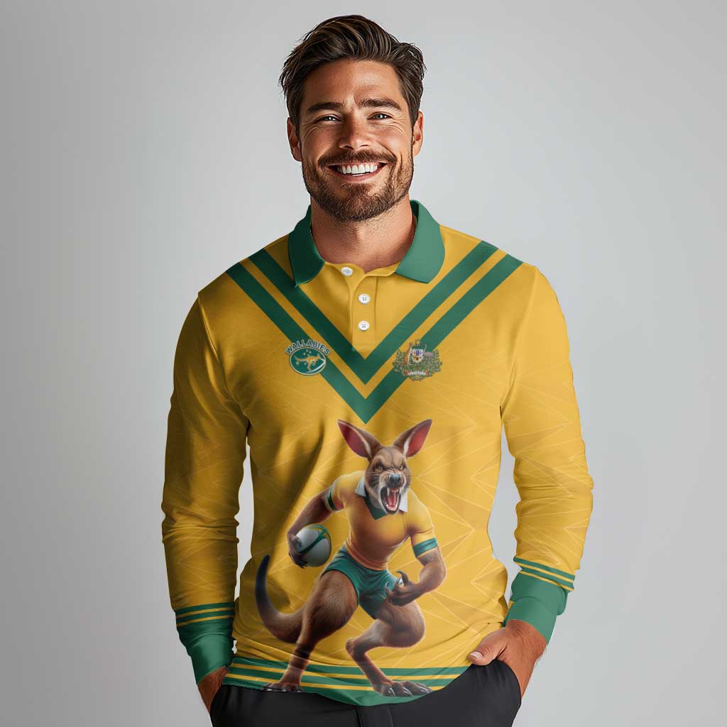 Custom Australia Rugby Long Sleeve Polo Shirt Wallabies Mascot Sporty Style - Wonder Print Shop