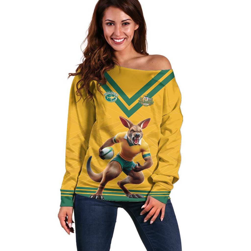 Custom Australia Rugby Off Shoulder Sweater Wallabies Mascot Sporty Style - Wonder Print Shop