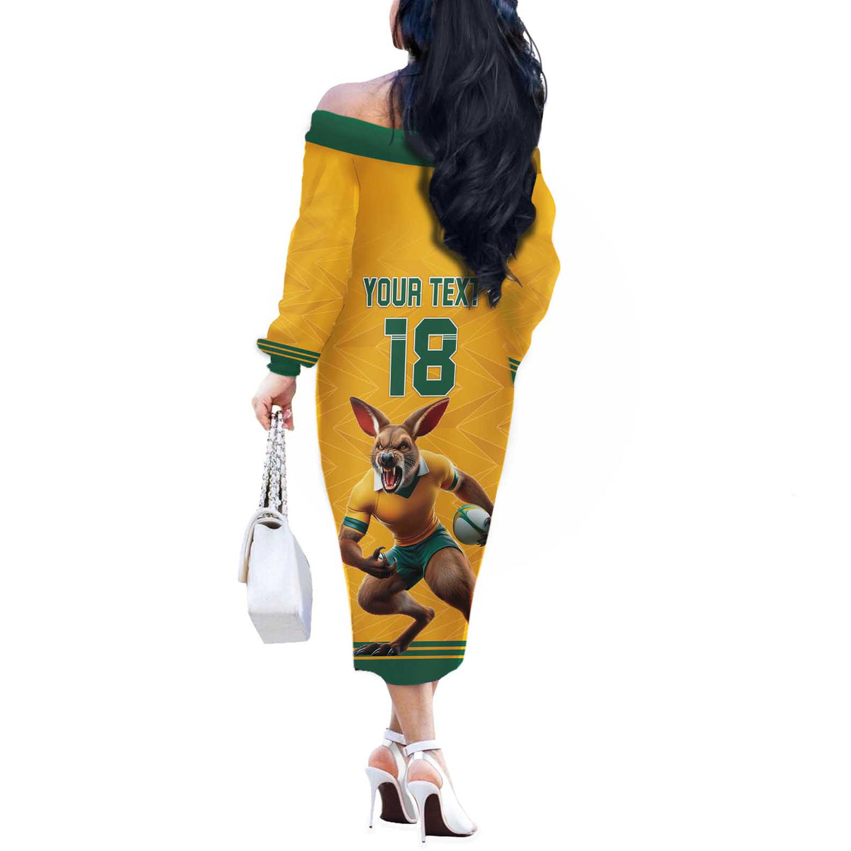 Custom Australia Rugby Off The Shoulder Long Sleeve Dress Wallabies Mascot Sporty Style - Wonder Print Shop