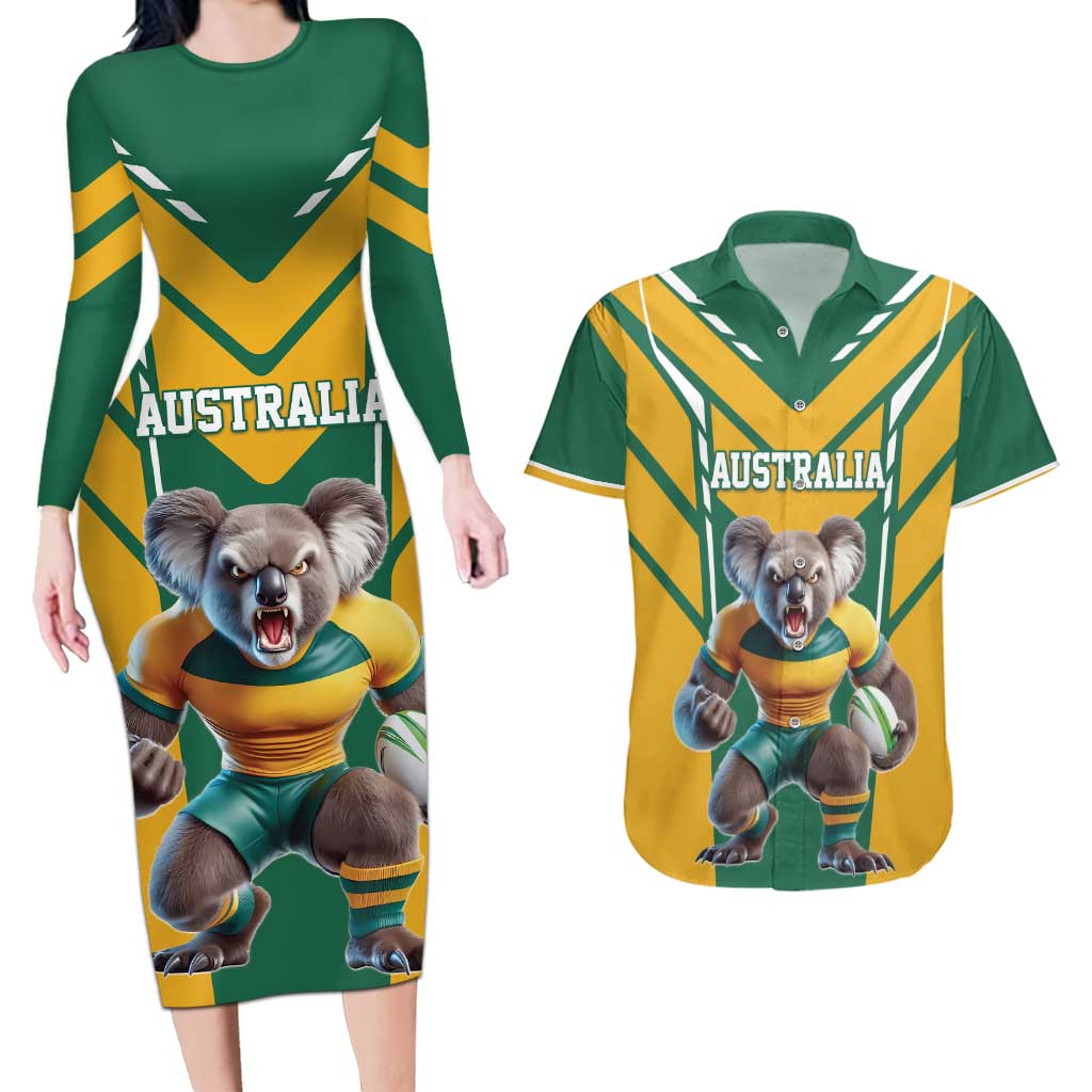Custom Australia Rugby Couples Matching Long Sleeve Bodycon Dress and Hawaiian Shirt Koala Mascot Sporty Style - Wonder Print Shop