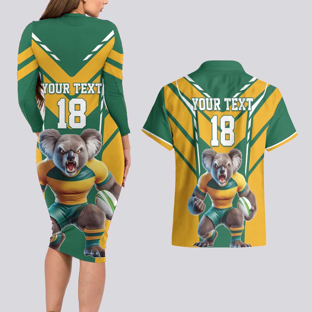 Custom Australia Rugby Couples Matching Long Sleeve Bodycon Dress and Hawaiian Shirt Koala Mascot Sporty Style - Wonder Print Shop