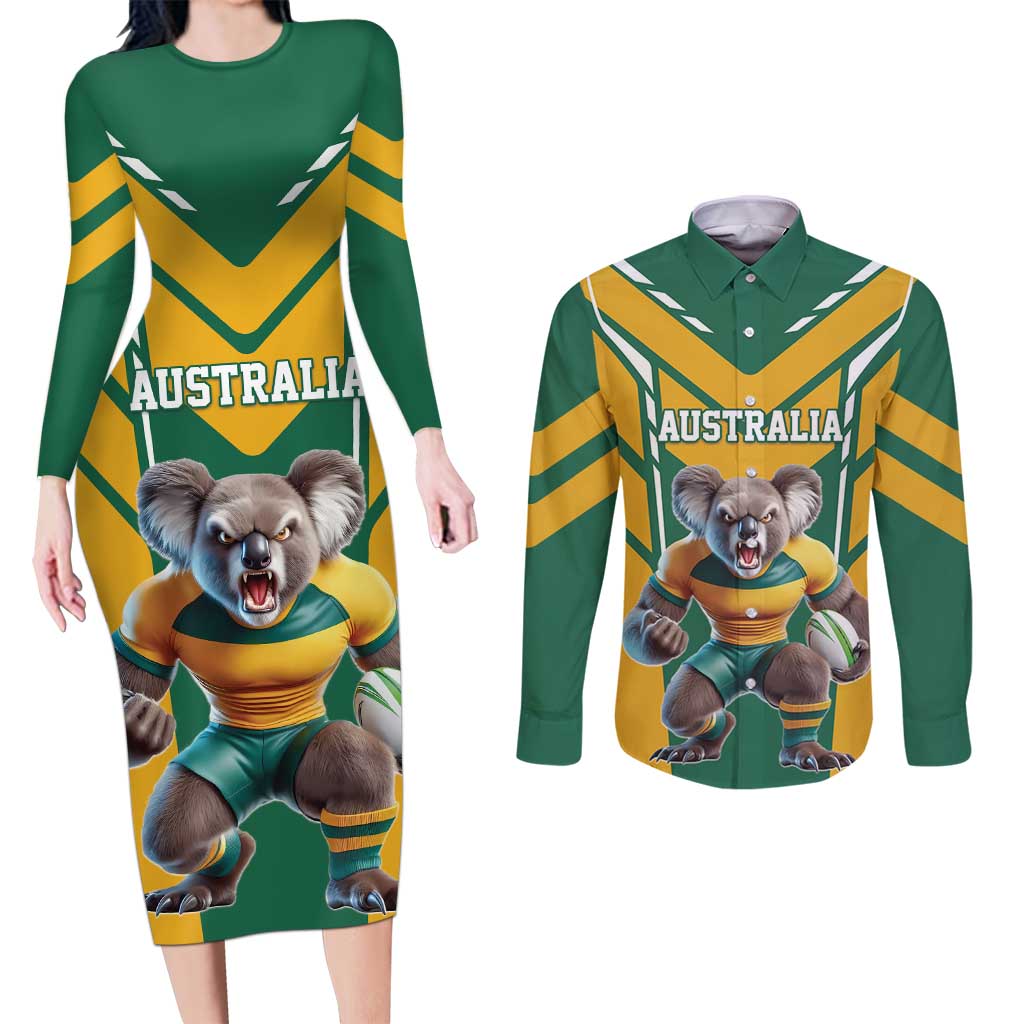 Custom Australia Rugby Couples Matching Long Sleeve Bodycon Dress and Long Sleeve Button Shirt Koala Mascot Sporty Style - Wonder Print Shop