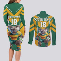 Custom Australia Rugby Couples Matching Long Sleeve Bodycon Dress and Long Sleeve Button Shirt Koala Mascot Sporty Style - Wonder Print Shop