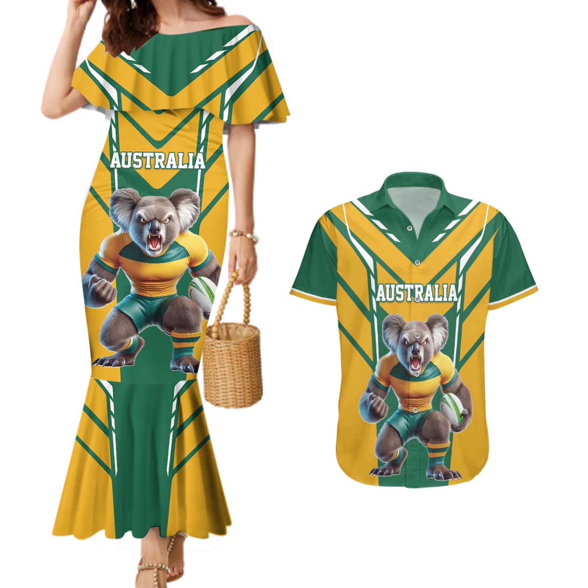 Custom Australia Rugby Couples Matching Mermaid Dress and Hawaiian Shirt Koala Mascot Sporty Style - Wonder Print Shop