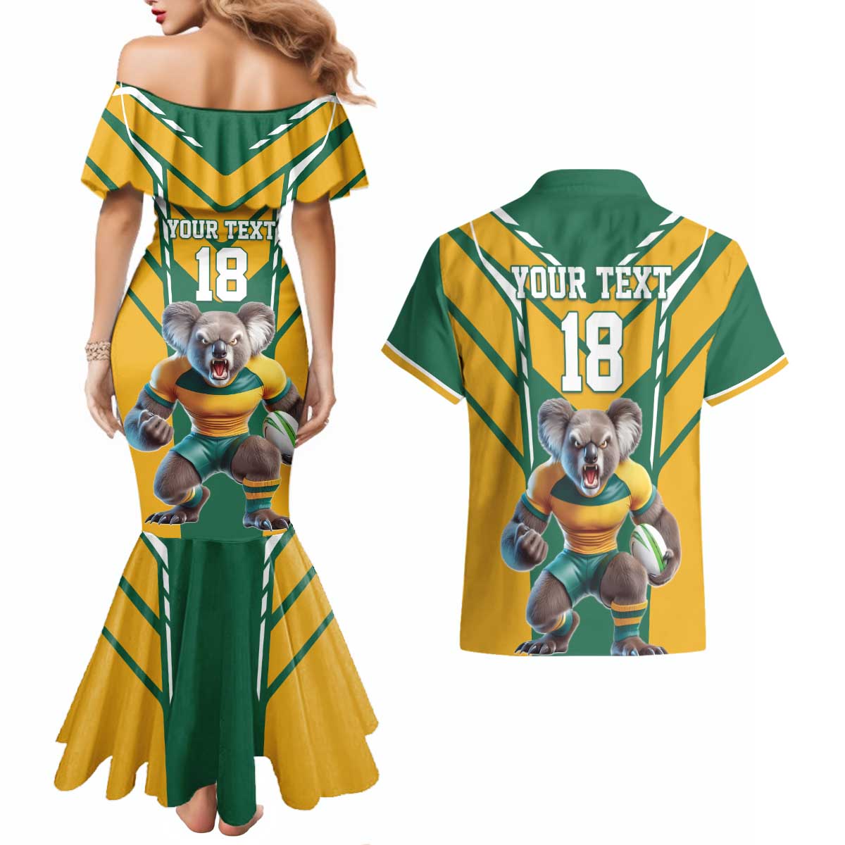 Custom Australia Rugby Couples Matching Mermaid Dress and Hawaiian Shirt Koala Mascot Sporty Style - Wonder Print Shop
