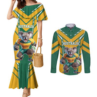 Custom Australia Rugby Couples Matching Mermaid Dress and Long Sleeve Button Shirt Koala Mascot Sporty Style - Wonder Print Shop