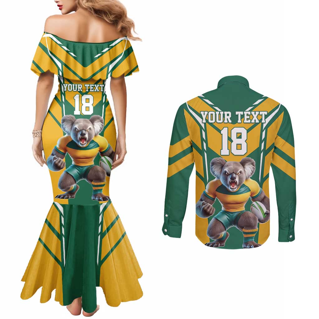 Custom Australia Rugby Couples Matching Mermaid Dress and Long Sleeve Button Shirt Koala Mascot Sporty Style - Wonder Print Shop