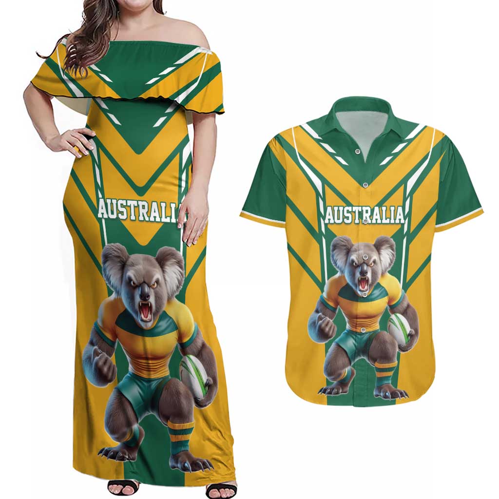 Custom Australia Rugby Couples Matching Off Shoulder Maxi Dress and Hawaiian Shirt Koala Mascot Sporty Style - Wonder Print Shop