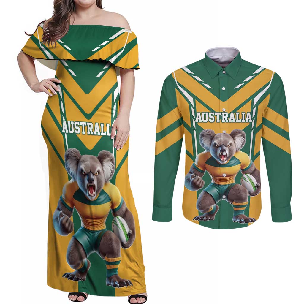 Custom Australia Rugby Couples Matching Off Shoulder Maxi Dress and Long Sleeve Button Shirt Koala Mascot Sporty Style - Wonder Print Shop