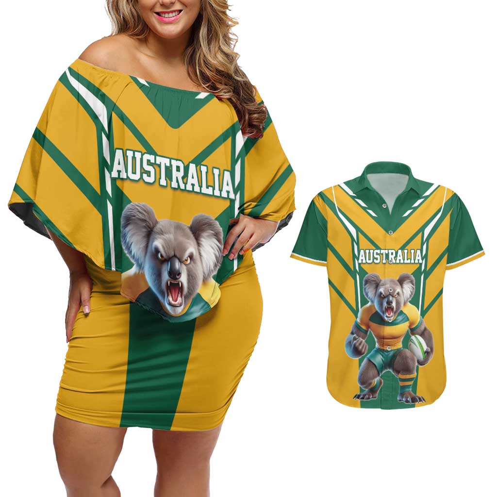 Custom Australia Rugby Couples Matching Off Shoulder Short Dress and Hawaiian Shirt Koala Mascot Sporty Style - Wonder Print Shop