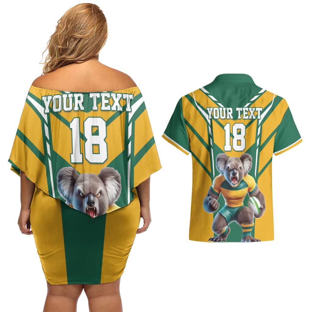 Custom Australia Rugby Couples Matching Off Shoulder Short Dress and Hawaiian Shirt Koala Mascot Sporty Style - Wonder Print Shop