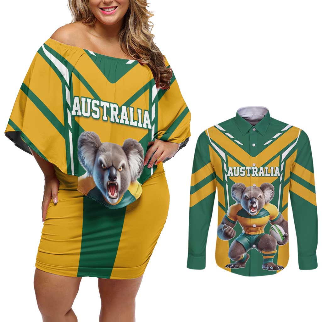 Custom Australia Rugby Couples Matching Off Shoulder Short Dress and Long Sleeve Button Shirt Koala Mascot Sporty Style - Wonder Print Shop