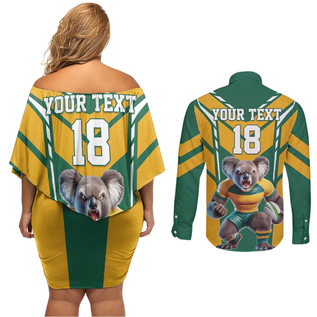 Custom Australia Rugby Couples Matching Off Shoulder Short Dress and Long Sleeve Button Shirt Koala Mascot Sporty Style - Wonder Print Shop
