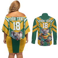 Custom Australia Rugby Couples Matching Off Shoulder Short Dress and Long Sleeve Button Shirt Koala Mascot Sporty Style - Wonder Print Shop