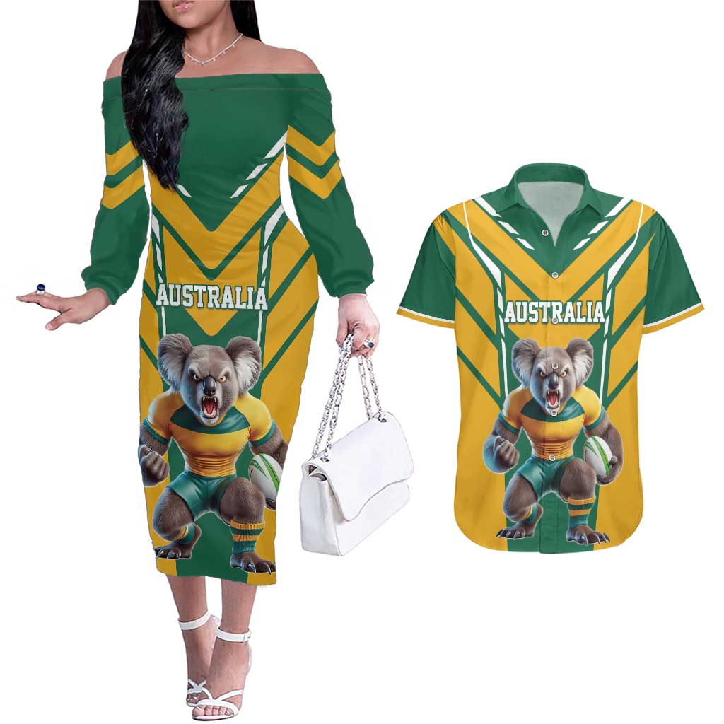 Custom Australia Rugby Couples Matching Off The Shoulder Long Sleeve Dress and Hawaiian Shirt Koala Mascot Sporty Style - Wonder Print Shop
