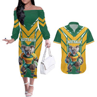 Custom Australia Rugby Couples Matching Off The Shoulder Long Sleeve Dress and Hawaiian Shirt Koala Mascot Sporty Style - Wonder Print Shop