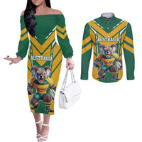 Custom Australia Rugby Couples Matching Off The Shoulder Long Sleeve Dress and Long Sleeve Button Shirt Koala Mascot Sporty Style - Wonder Print Shop