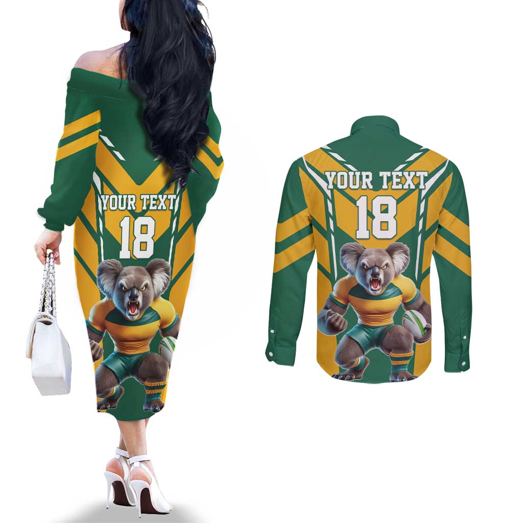 Custom Australia Rugby Couples Matching Off The Shoulder Long Sleeve Dress and Long Sleeve Button Shirt Koala Mascot Sporty Style - Wonder Print Shop