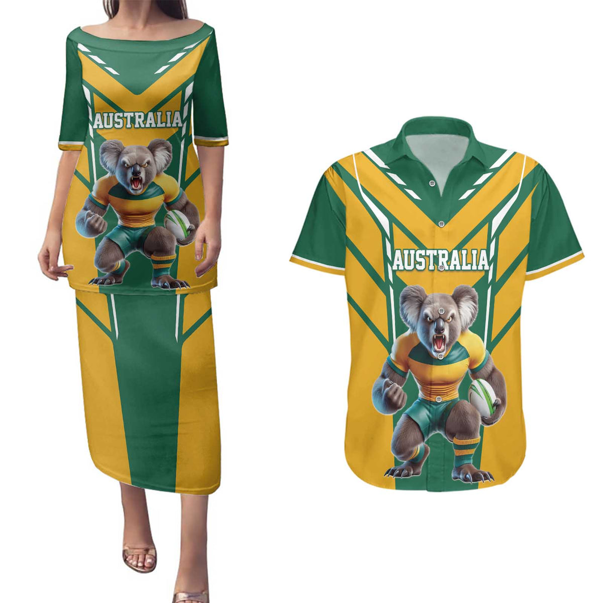 Custom Australia Rugby Couples Matching Puletasi and Hawaiian Shirt Koala Mascot Sporty Style - Wonder Print Shop