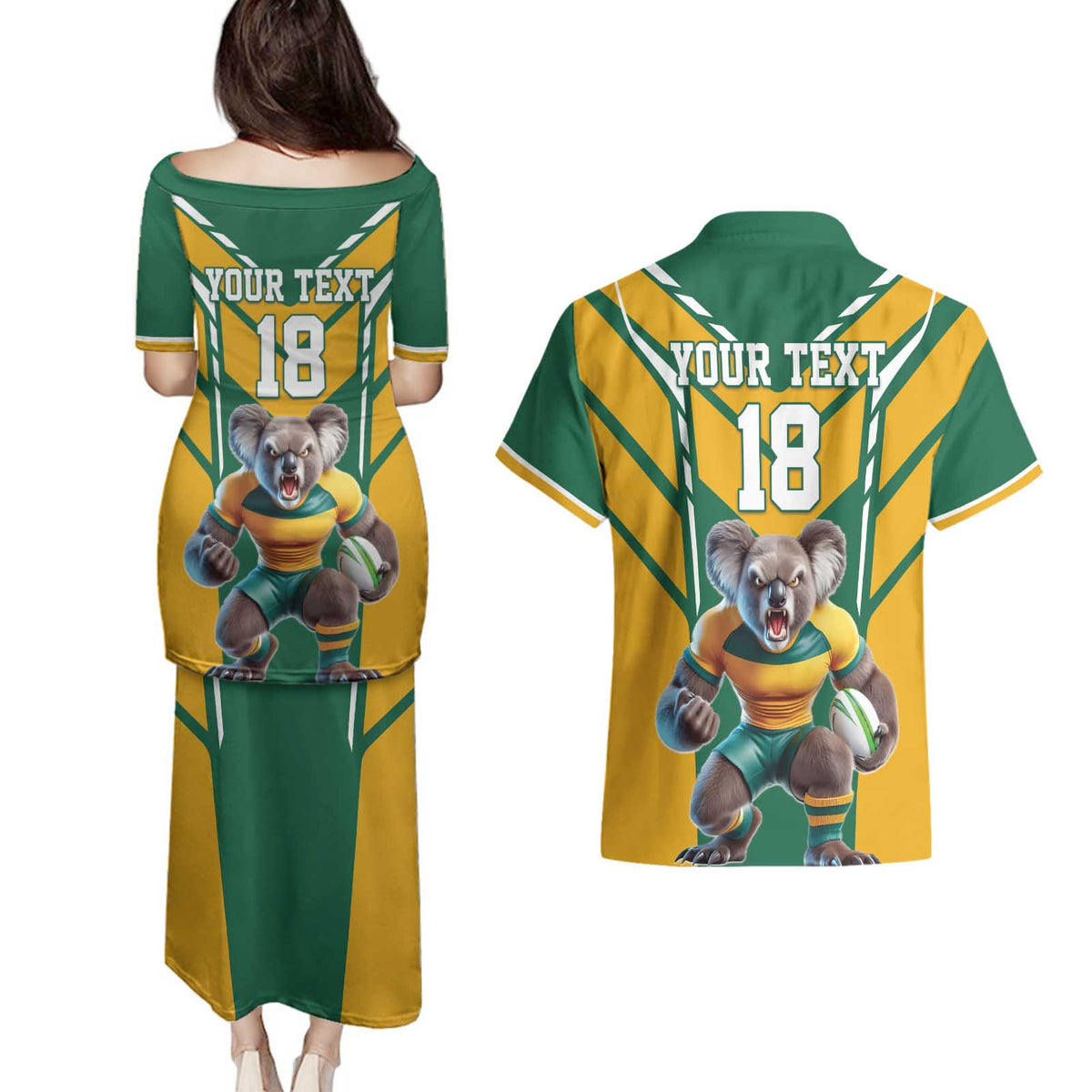 Custom Australia Rugby Couples Matching Puletasi and Hawaiian Shirt Koala Mascot Sporty Style - Wonder Print Shop