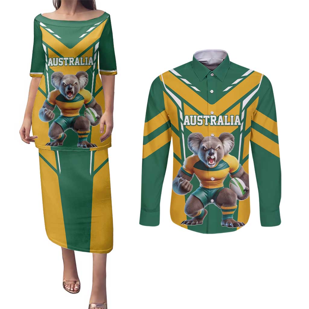 Custom Australia Rugby Couples Matching Puletasi and Long Sleeve Button Shirt Koala Mascot Sporty Style - Wonder Print Shop