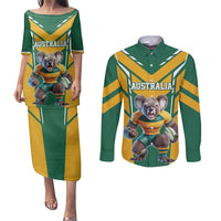 Custom Australia Rugby Couples Matching Puletasi and Long Sleeve Button Shirt Koala Mascot Sporty Style - Wonder Print Shop