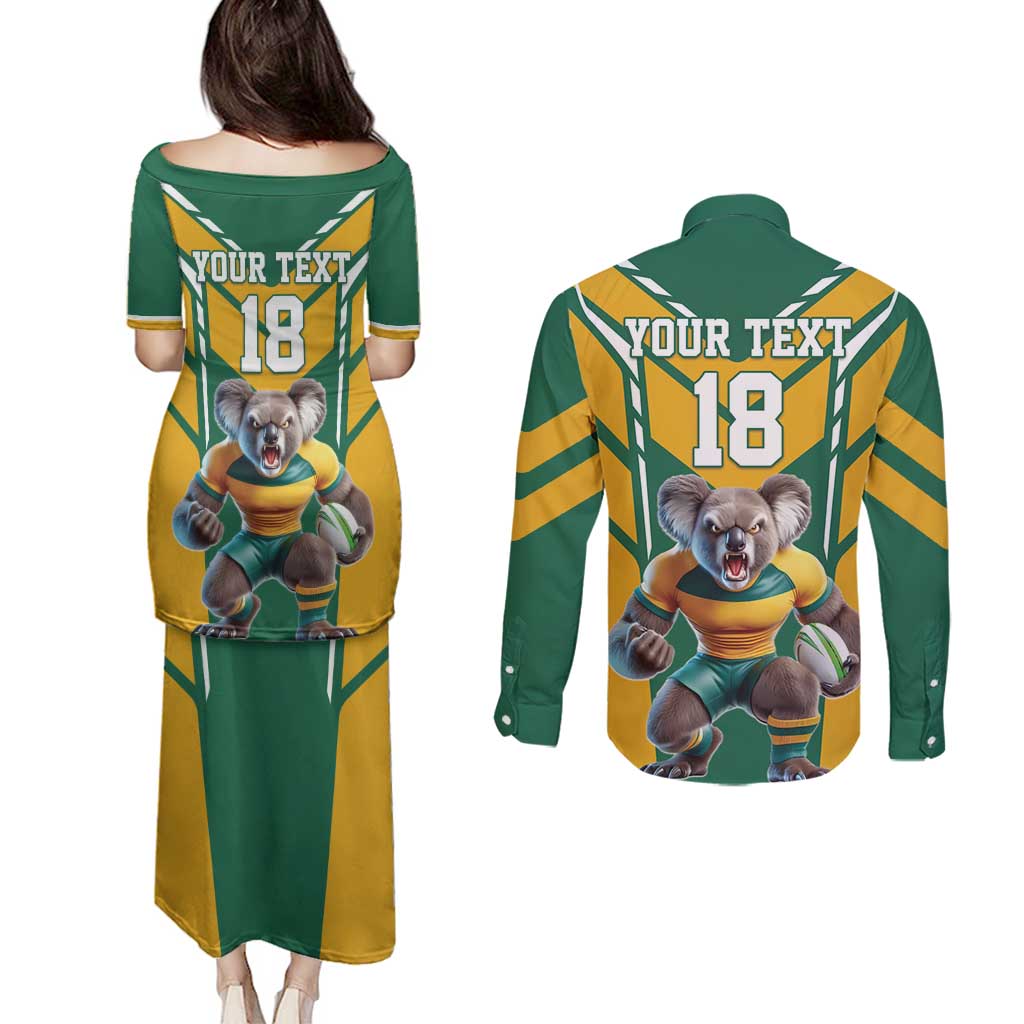 Custom Australia Rugby Couples Matching Puletasi and Long Sleeve Button Shirt Koala Mascot Sporty Style - Wonder Print Shop