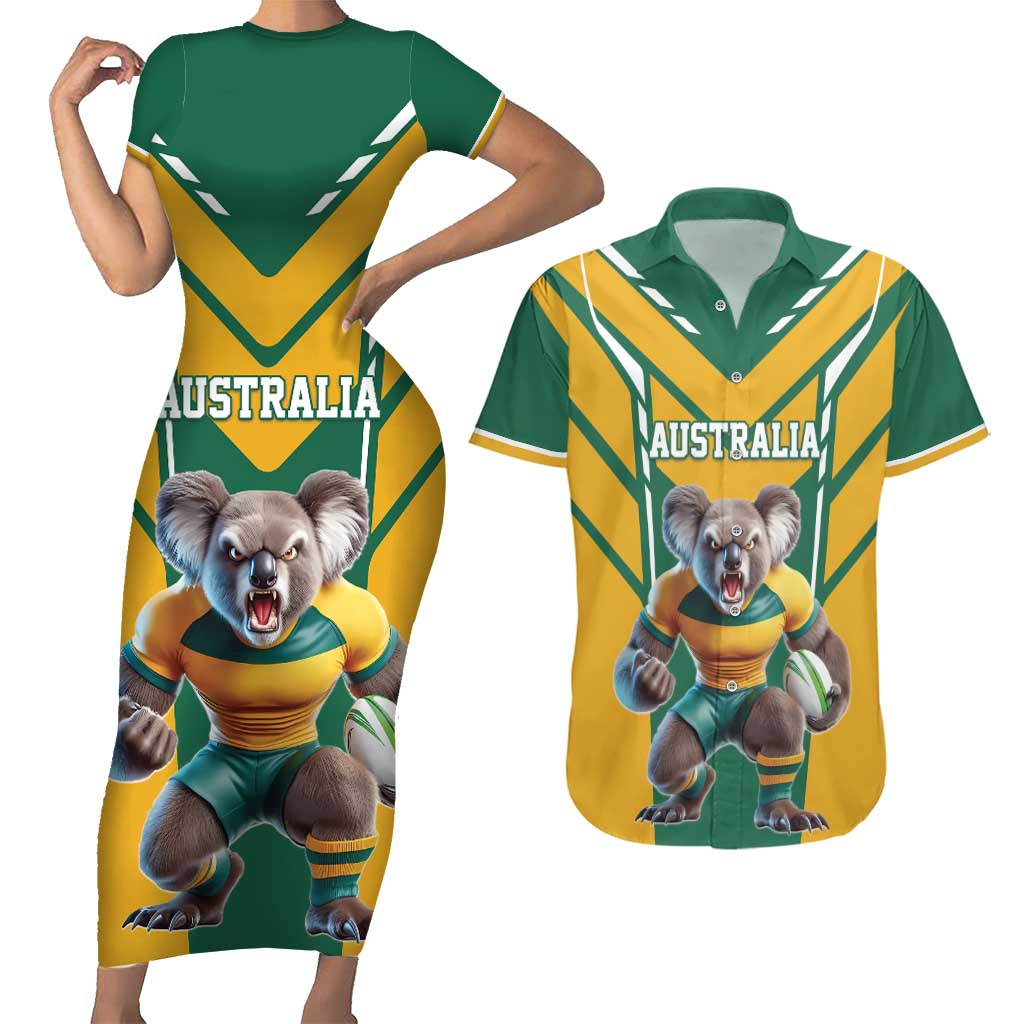 Custom Australia Rugby Couples Matching Short Sleeve Bodycon Dress and Hawaiian Shirt Koala Mascot Sporty Style - Wonder Print Shop