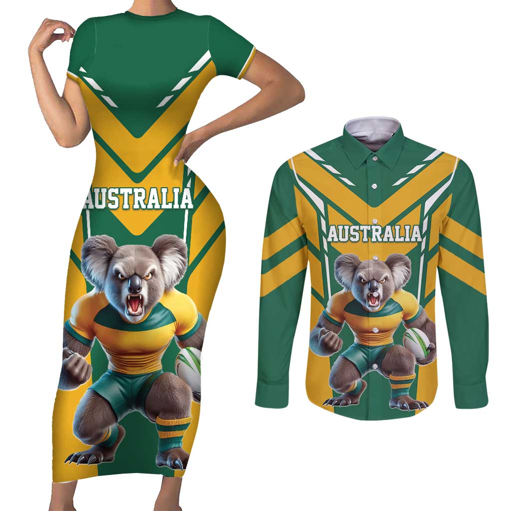 Custom Australia Rugby Couples Matching Short Sleeve Bodycon Dress and Long Sleeve Button Shirt Koala Mascot Sporty Style - Wonder Print Shop