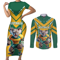 Custom Australia Rugby Couples Matching Short Sleeve Bodycon Dress and Long Sleeve Button Shirt Koala Mascot Sporty Style - Wonder Print Shop