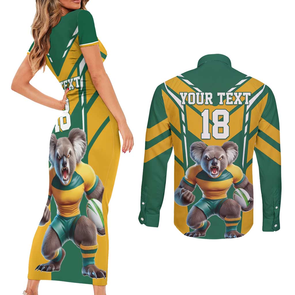 Custom Australia Rugby Couples Matching Short Sleeve Bodycon Dress and Long Sleeve Button Shirt Koala Mascot Sporty Style - Wonder Print Shop