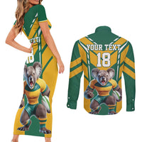 Custom Australia Rugby Couples Matching Short Sleeve Bodycon Dress and Long Sleeve Button Shirt Koala Mascot Sporty Style - Wonder Print Shop