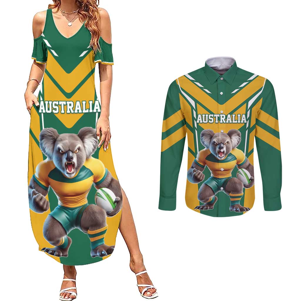Custom Australia Rugby Couples Matching Summer Maxi Dress and Long Sleeve Button Shirt Koala Mascot Sporty Style - Wonder Print Shop
