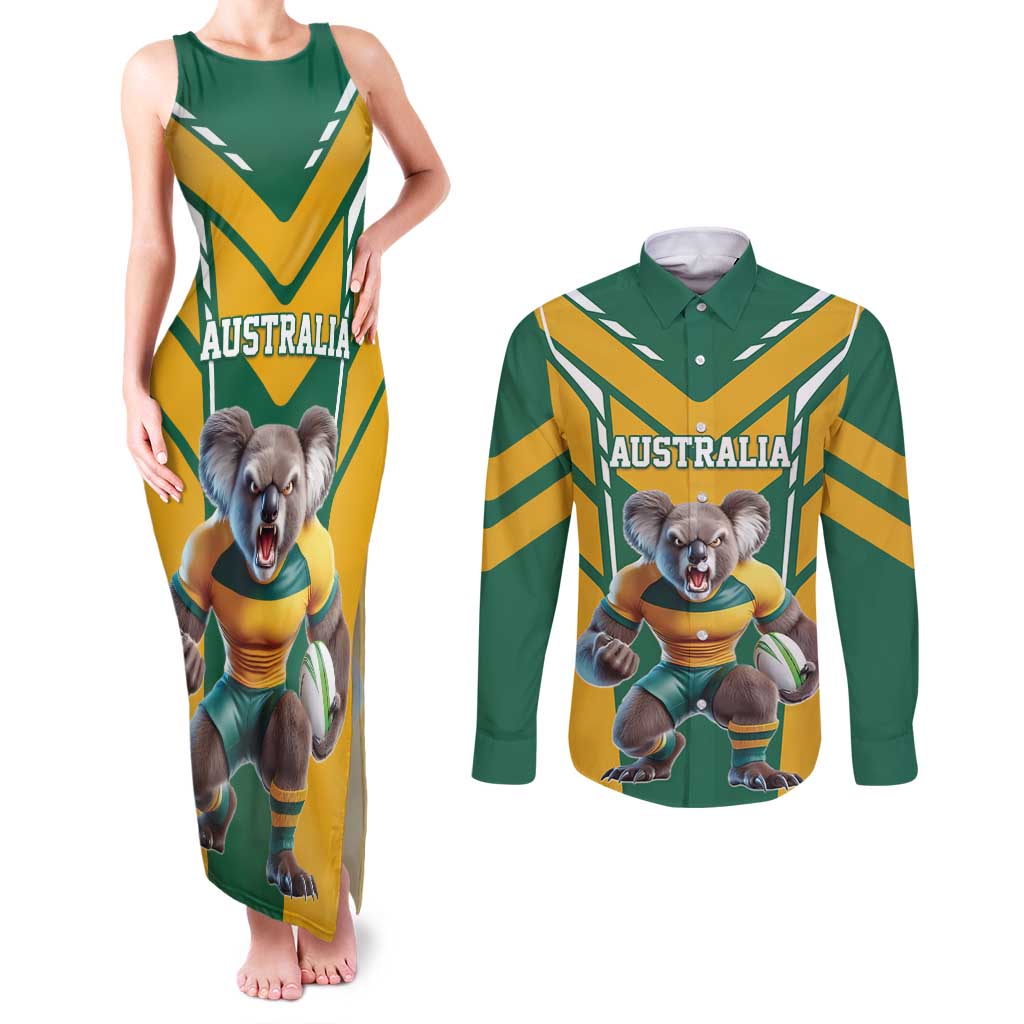 Custom Australia Rugby Couples Matching Tank Maxi Dress and Long Sleeve Button Shirt Koala Mascot Sporty Style - Wonder Print Shop