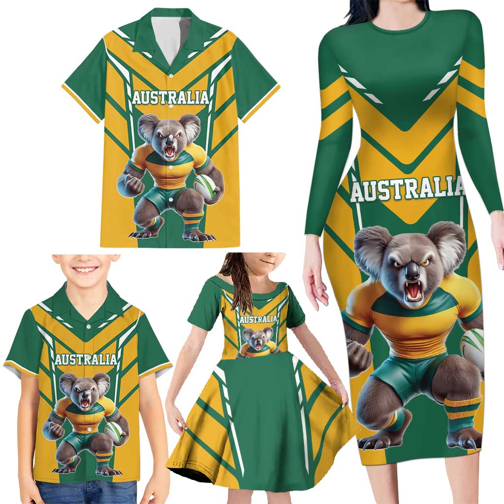 Custom Australia Rugby Family Matching Long Sleeve Bodycon Dress and Hawaiian Shirt Koala Mascot Sporty Style - Wonder Print Shop