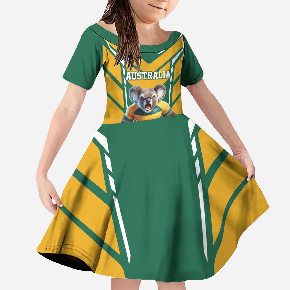Custom Australia Rugby Family Matching Off The Shoulder Long Sleeve Dress and Hawaiian Shirt Koala Mascot Sporty Style - Wonder Print Shop