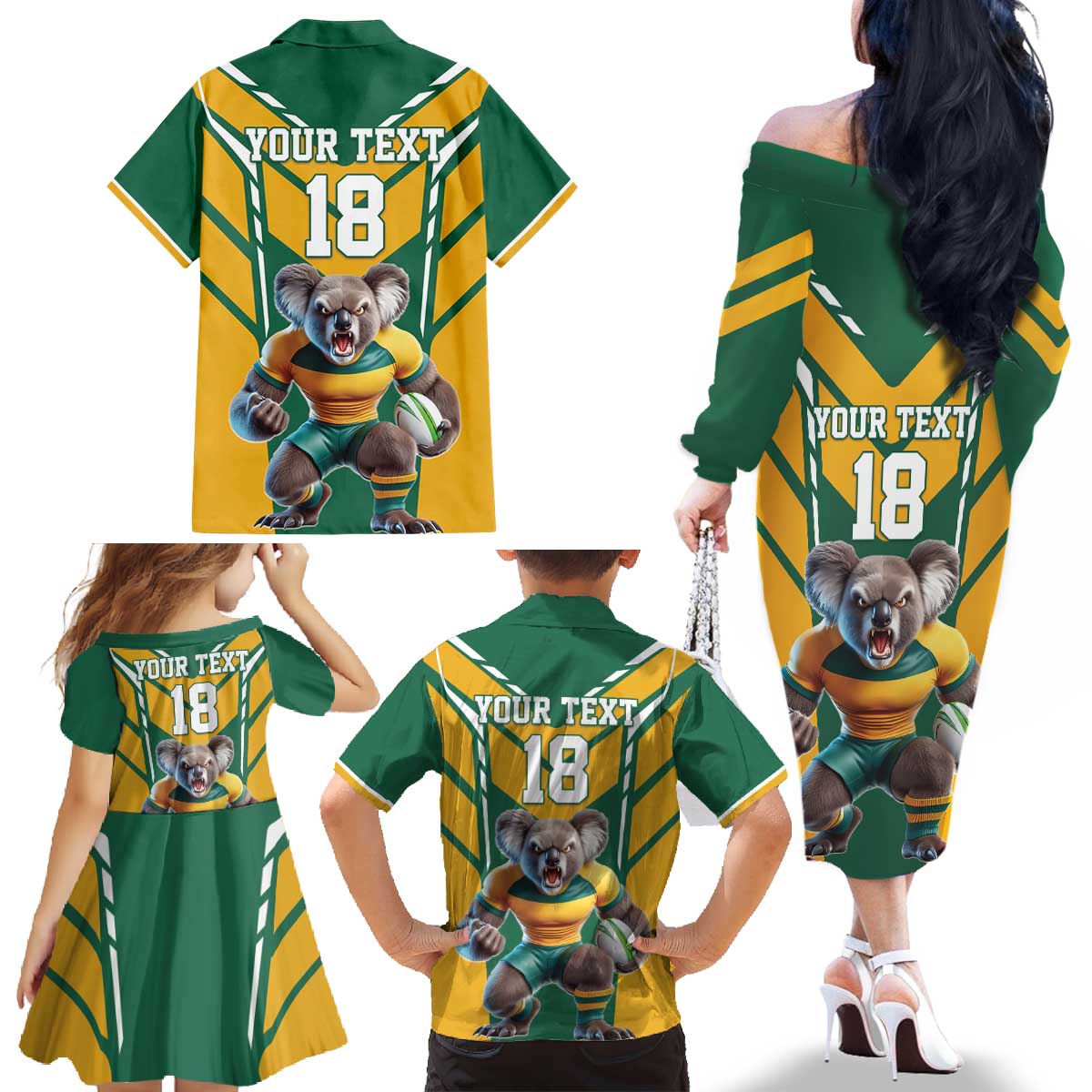 Custom Australia Rugby Family Matching Off The Shoulder Long Sleeve Dress and Hawaiian Shirt Koala Mascot Sporty Style - Wonder Print Shop