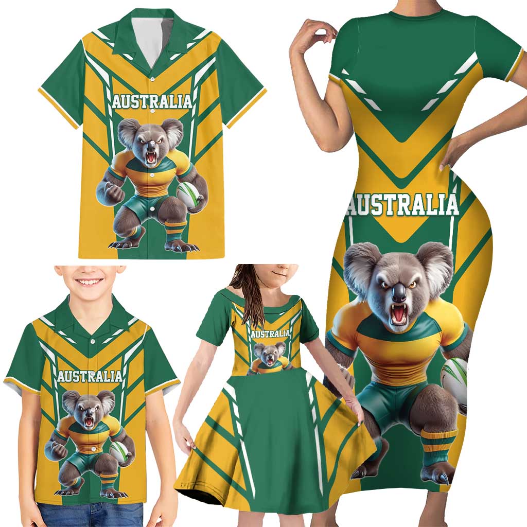 Custom Australia Rugby Family Matching Short Sleeve Bodycon Dress and Hawaiian Shirt Koala Mascot Sporty Style - Wonder Print Shop