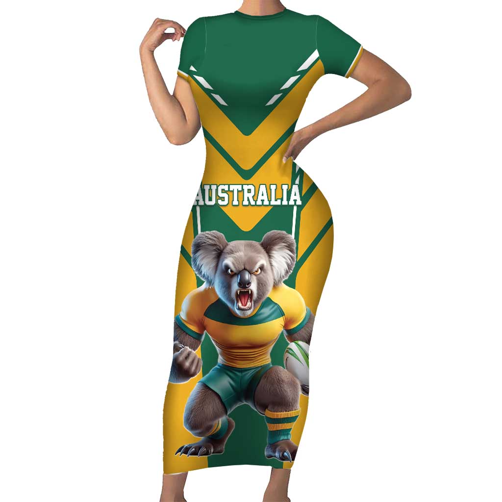 Custom Australia Rugby Family Matching Short Sleeve Bodycon Dress and Hawaiian Shirt Koala Mascot Sporty Style - Wonder Print Shop